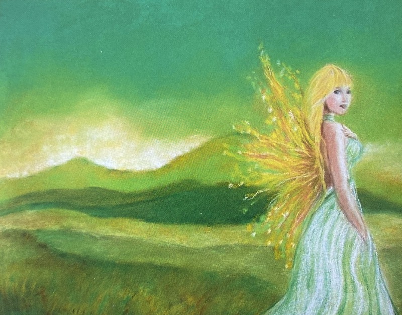Peinture d'une fée aux ailes dorées sur les collines du Dartmoor
