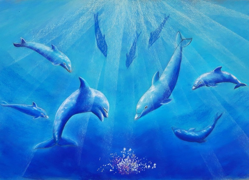 Peinture de dauphins nageant vers la lumière