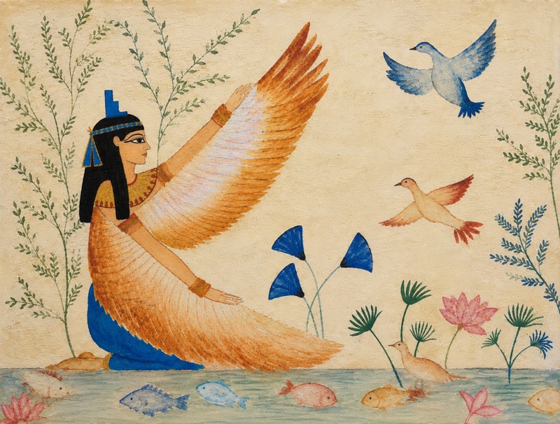 Aquarelle de la déesse Isis entourée d'oiseaux