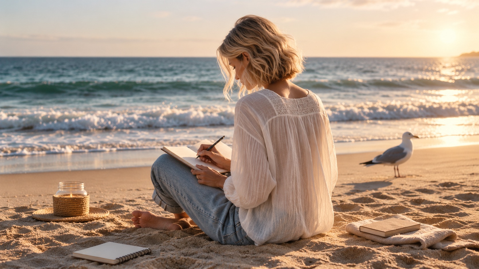 Une femme écrit dans un carnet, assise sur une plage au coucher du soleil